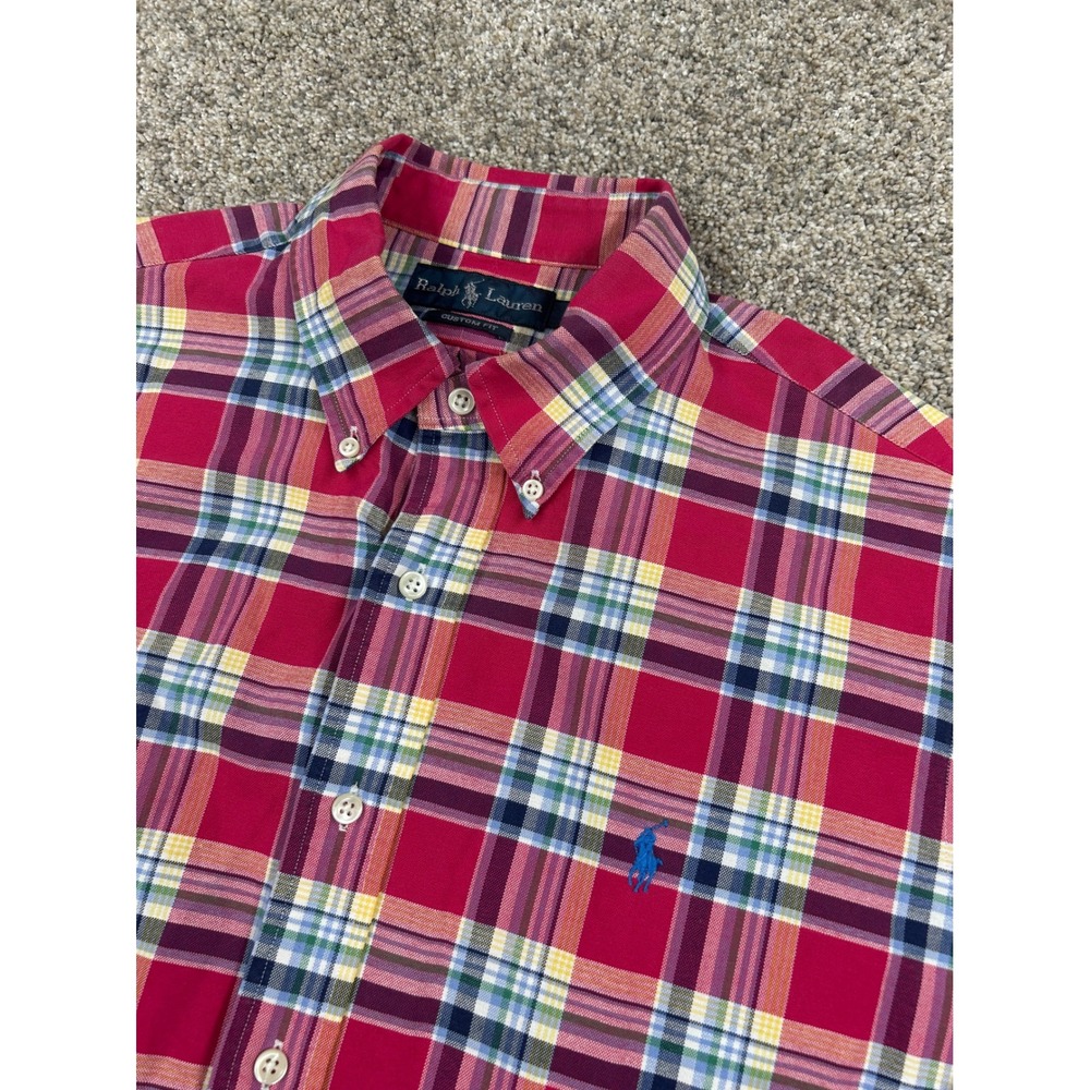 Ralph Lauren Mens Custom Fit Plaid Button Down Shirt Red Multi Color Large #0898